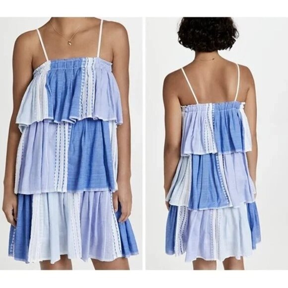 Lemlem  Eshal Blue Gradient Tiered  Short Cotton Sundress Spaghetti Straps -XS - Picture 1 of 9